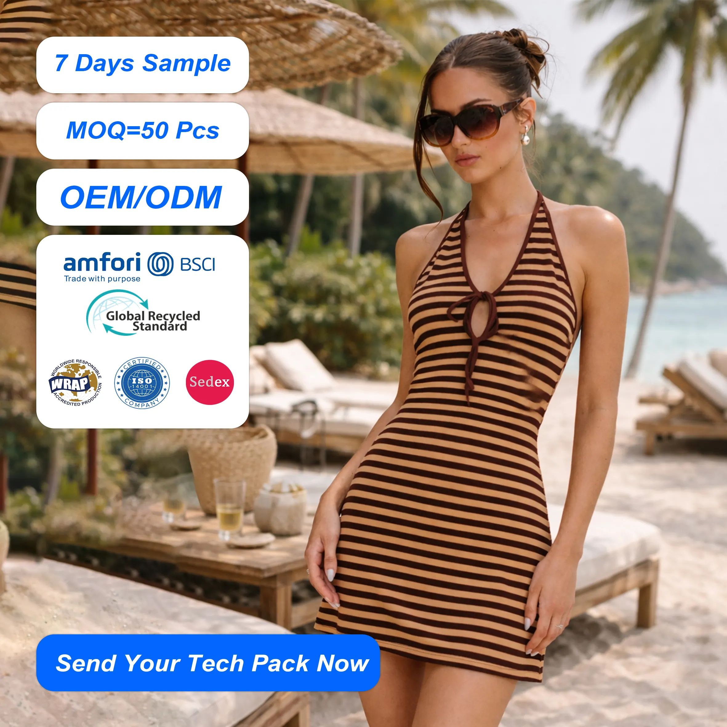 SHENGFU Custom Women's Brown Stripe Halter Neck Mini Dress Sleeveless A-Line Spring Formal Casual Short Dress Front Tie Detail