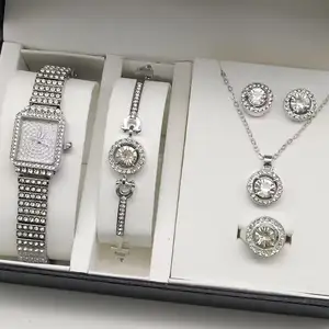 5pcs Set Watches Jewelry Set Luxury Rhinestone Women Fashion Elegant Wristwatch Quartz Watch for Girl Ladies Clock CD058