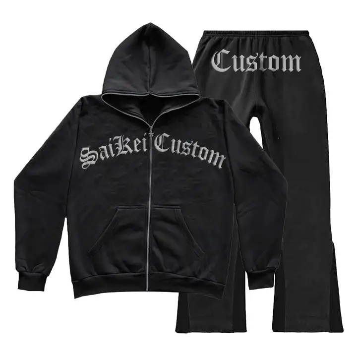 Custom Tracksuit Jogger Set High Quality Logo Mens Flared Sweatpants and Hoodie Set Cotton Sweatpants and Zip up Hoodie Set