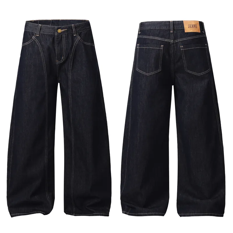 New Retro Unisex Straight Style Baggy Raw Selvedge Denim Jeans Loose Wide-leg Trousers in Black and Blue for Winter