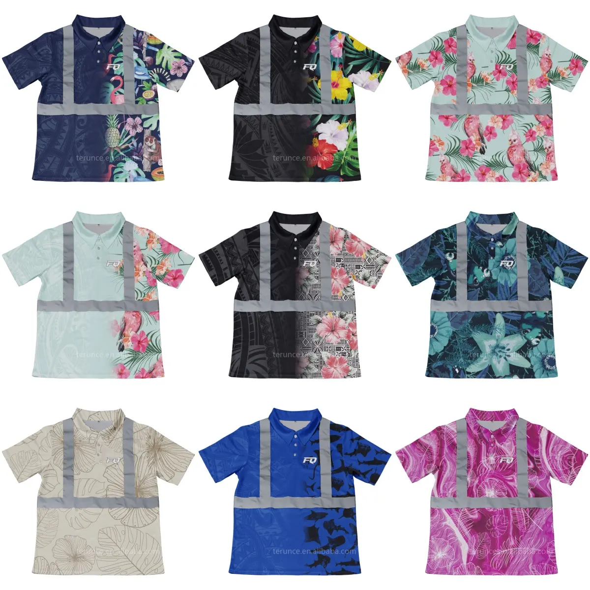 Custom Tribal Design Sublimated Print Safety Polo Shirts Reflective Work Wear Hawaii Tropical Flowers Hi Vis Aloha Polo Shirt