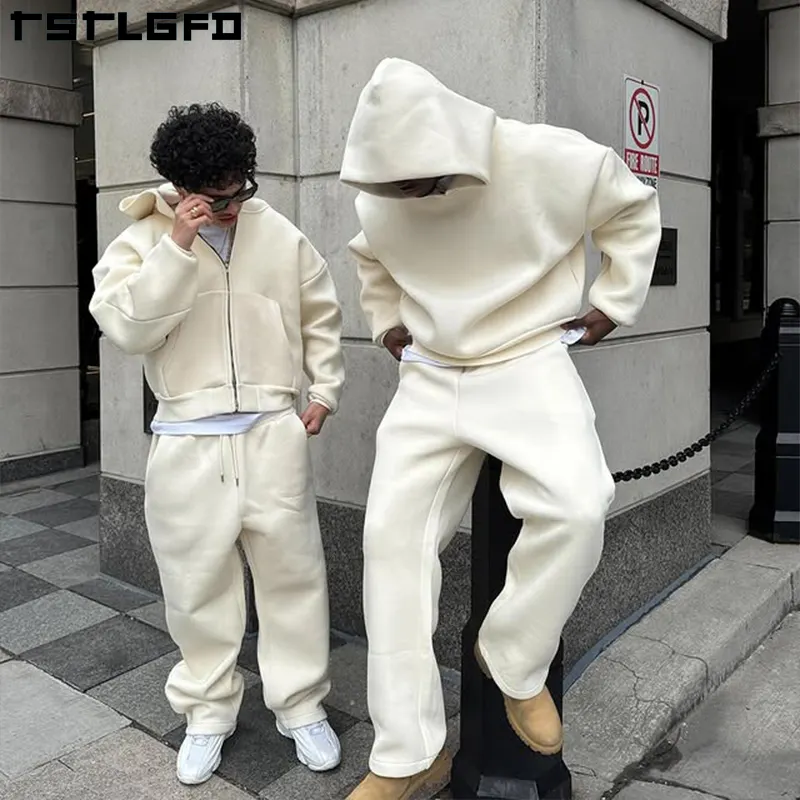 Custom logo 100% 450 Gsm Cotton Oversized Men's Baggy Plain Cropped Heavy Zip up Hoodie and Loose Fit Sweatpants Tracksuit Set