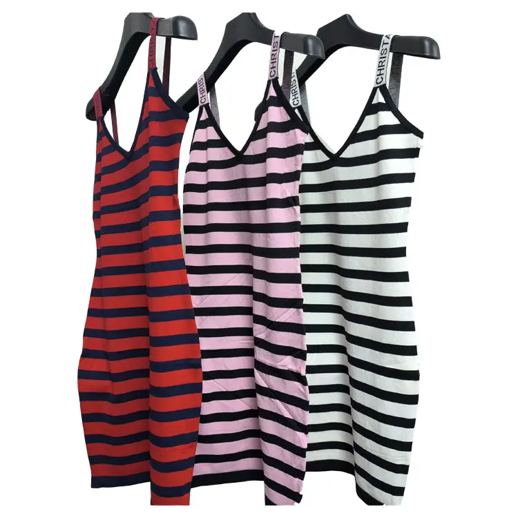 Wholesale High Quality Women Striped Color V Neck Knit Long Dress Ribbed Woolen Knitted Sweater Dress Sleeveless