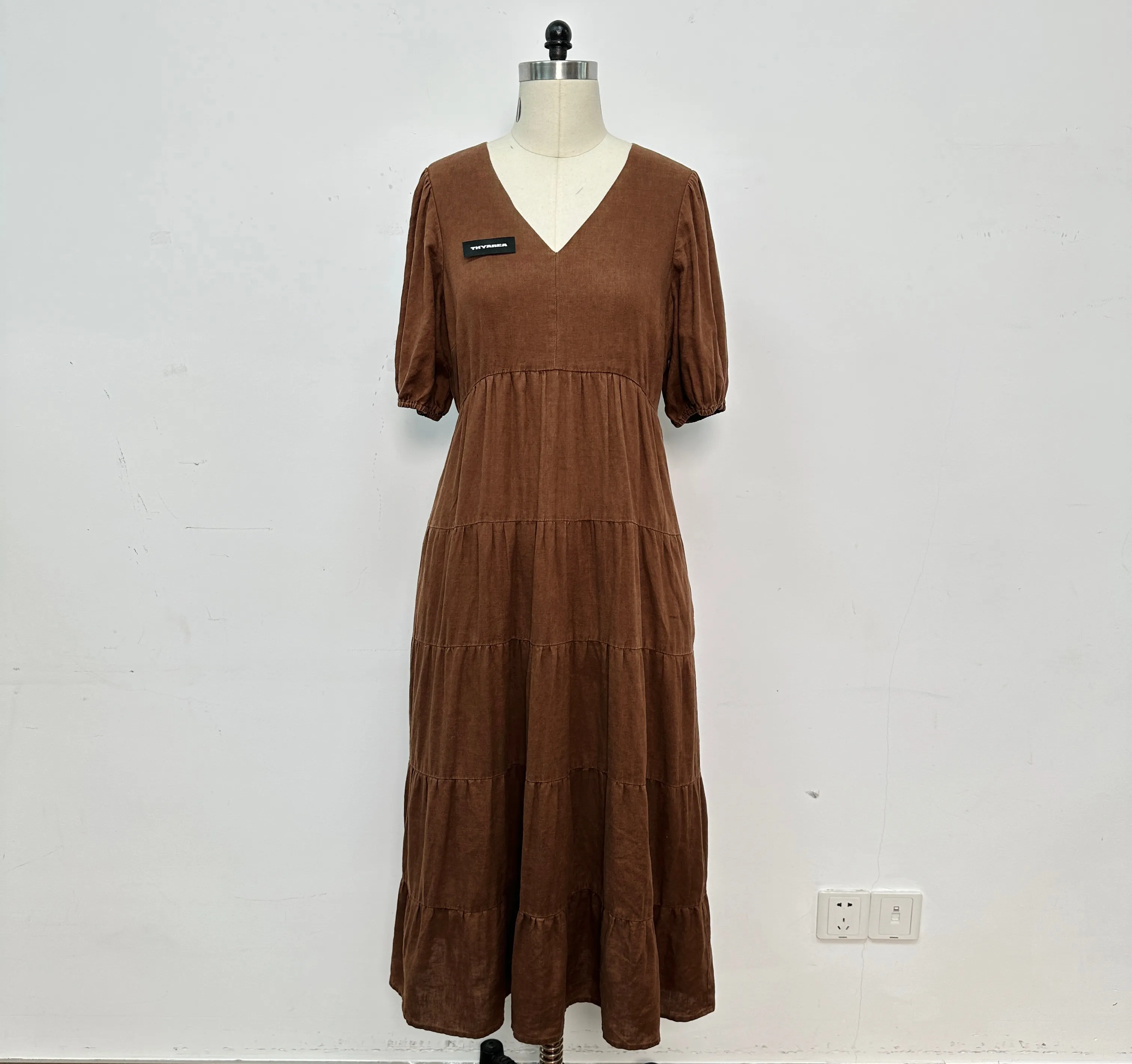 High Quality Customized Casual Dress Linen Brown v Neck Short Sleeve Elegant Fashion High Waist Women Dress