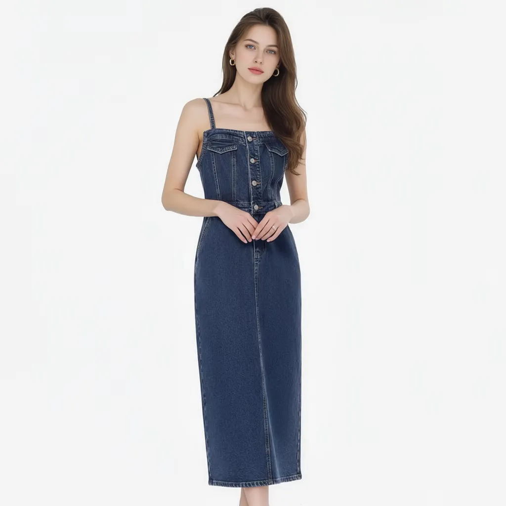 Vintage Style Summer Casual Straight Denim Overall Maxi Dress Side Pockets Silver Button Front Adjustable Straps Washed Finish