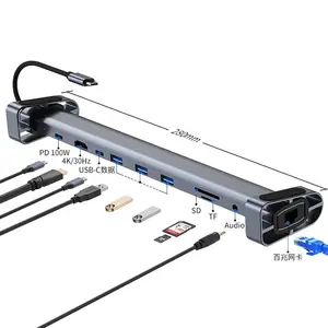 10-in-1 Hub Type C Adapter with VGA RJ45 Ethernet SD TF PD USB3.0 3.5mm Jack Audio & Video Computer Accessories in Stock