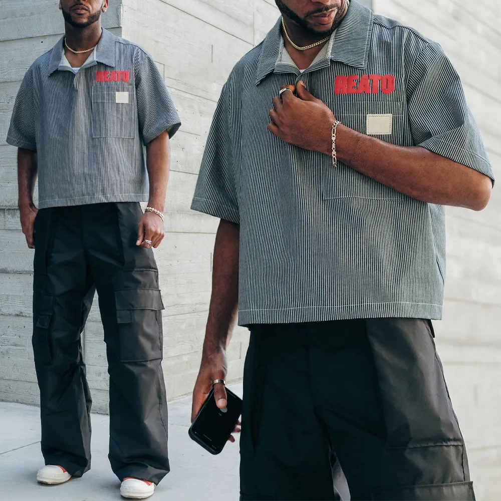 KingSen High Quality Woven Pinstripe Heavy Cotton Hip Hop Breathable Shirts Men's Short Sleeve Custom Heat-Transfer Printed Logo