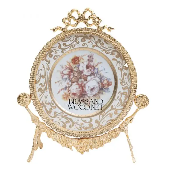 golden brass decorative plate floral porcelain design with elegant stand handmade luxury vintage artwork classic home decoration