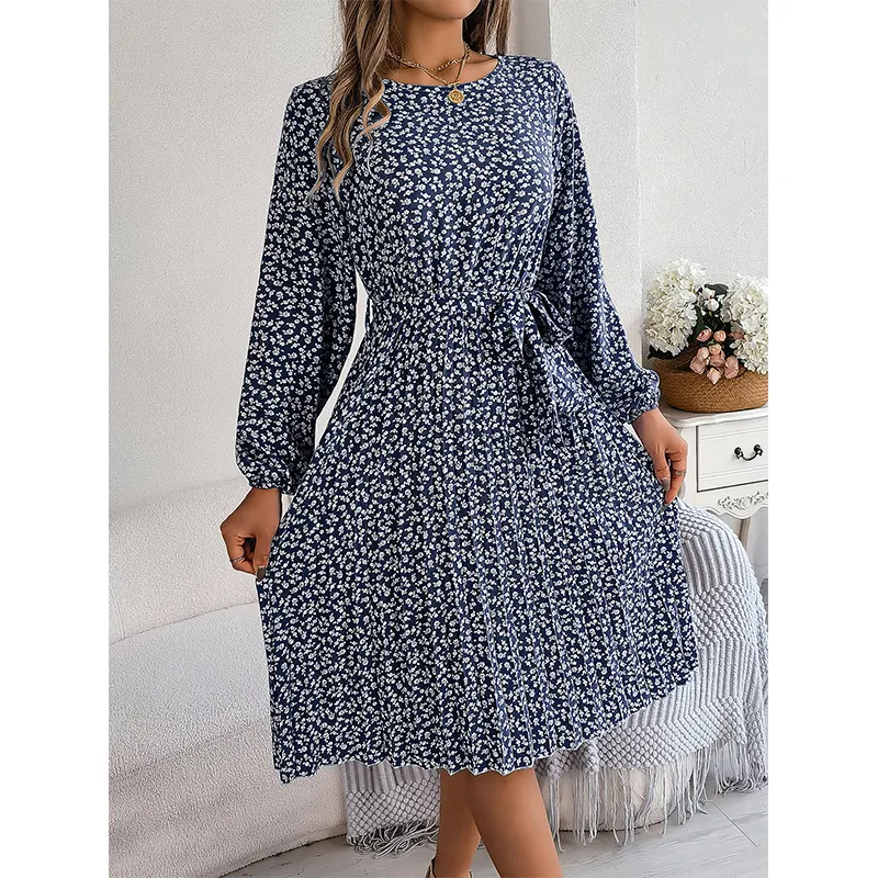 Women's Elegant Modest Midi Length Dresses Casual Bubble Sleeves Digital Printed for Autumn Season Lady's Evening Dress