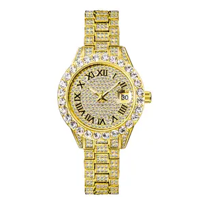 Luxury Gold Plated Full Bling Diamond Zircon Waterproof Quartz Watches Fashionable Stainless Steel Wholesale Jewelry for Women