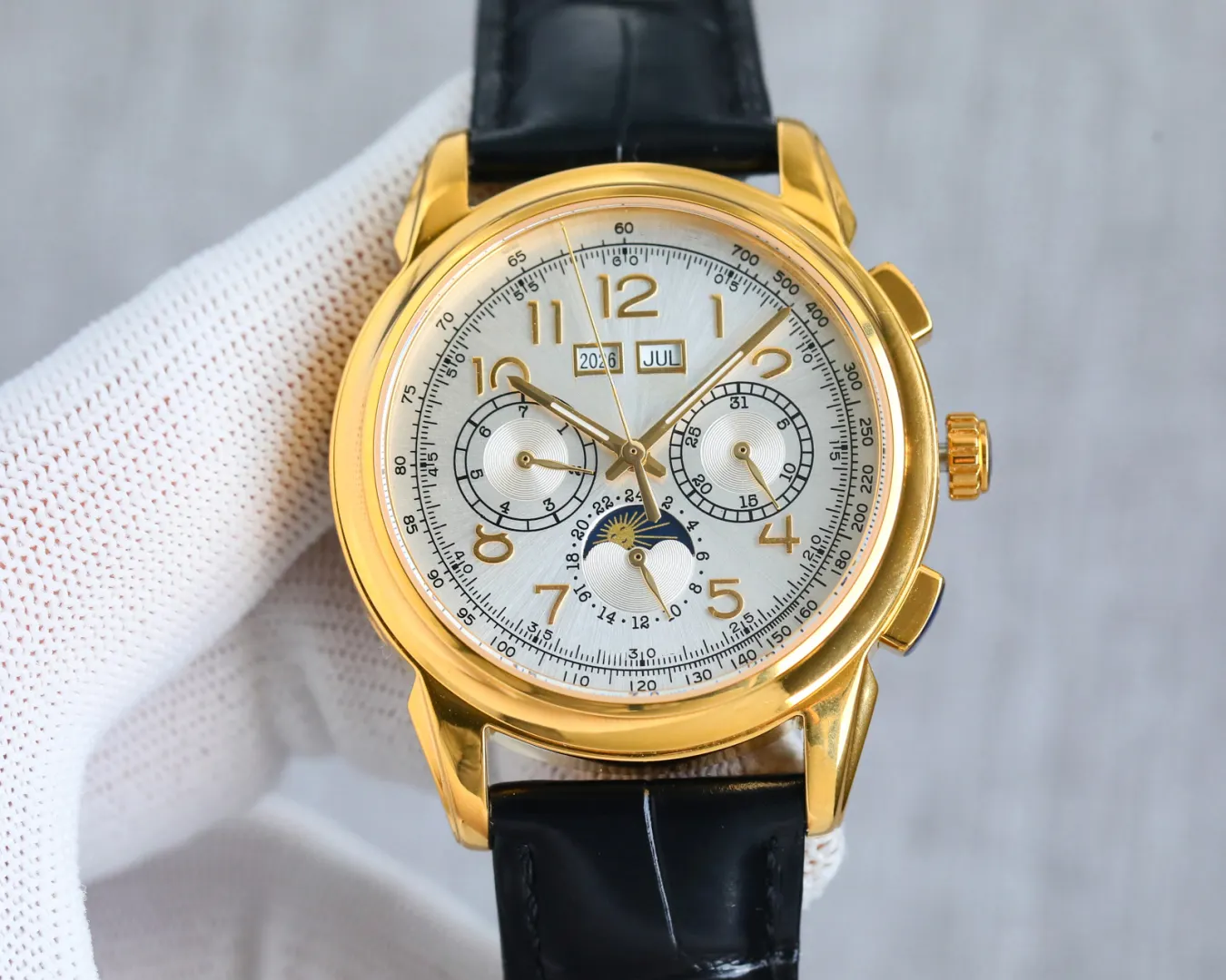 2025 Elegant Black Leather Strap Gold Watch Mechanical Winding Classy for Office Daily Life Men's Fashion Watch