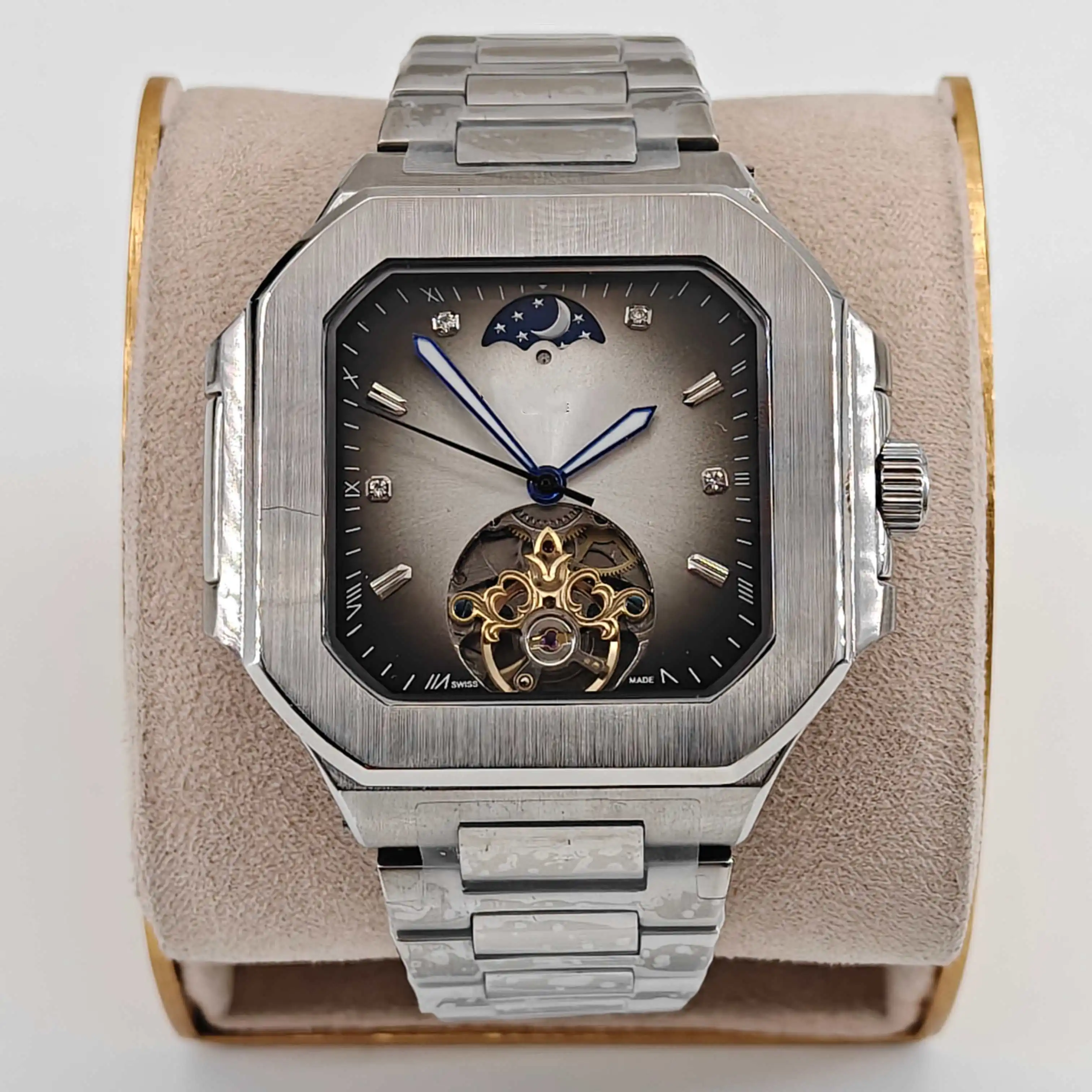 Hot Selling Luxury Men's Stainless Steel Automatic Mechanical Watch Hollowed Square Chronograph Luminous Feature Band Width 24mm