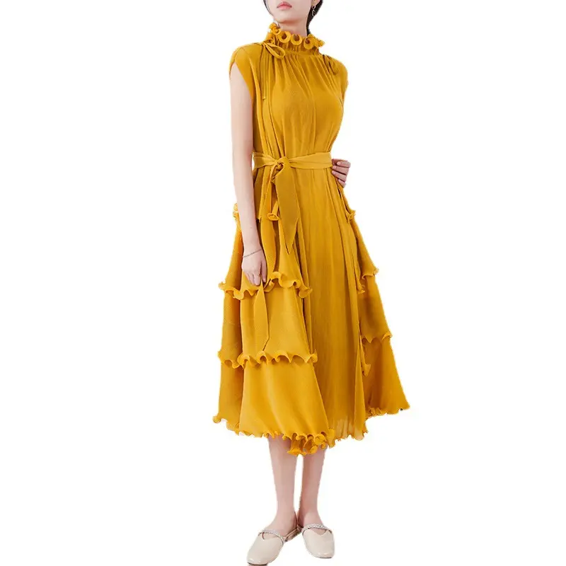 Factory Custom Casual Comfortable Pleated Ruffle Dress Ladies Summer Fashion High Quality Elegant Sleeveless Mid Length Dresses
