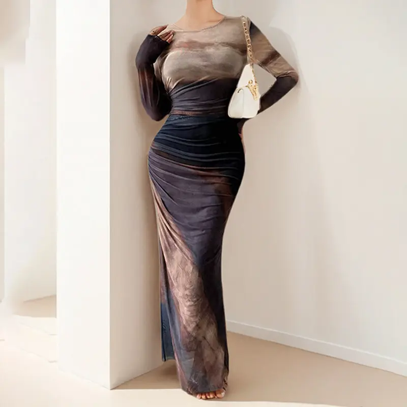 More Color Sustainable Tie Dye Mesh Long Dress for Women Elegant O-Neck Long Sleeved Slim Fit Party Dress Draped Decor Washable