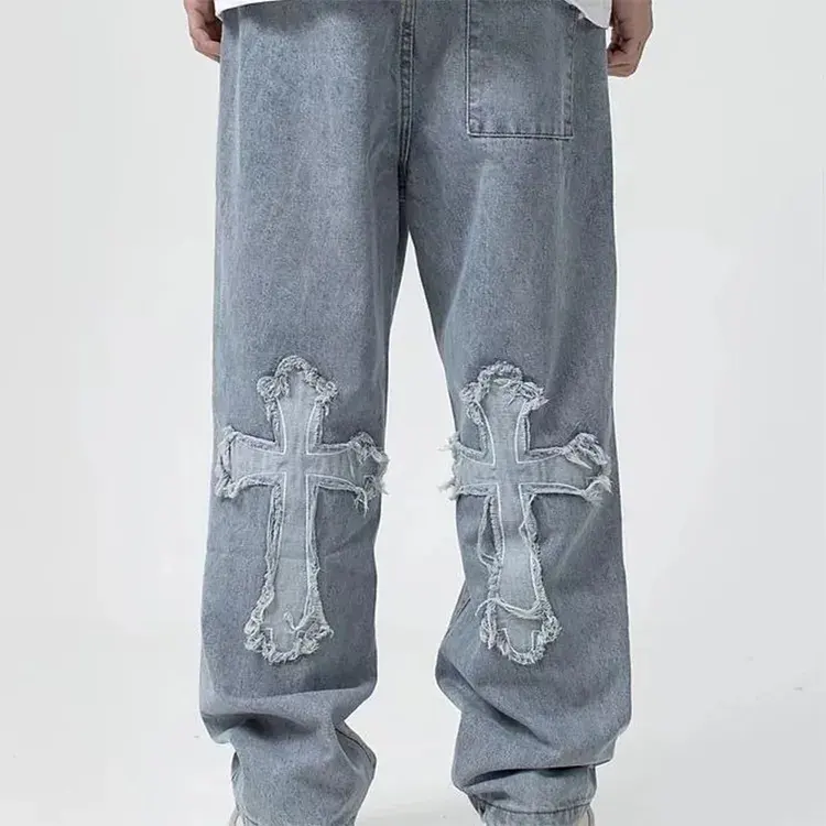 Hip Hop Boyfriend Embroidered Loose Wide Leg Men's High Street Jeans