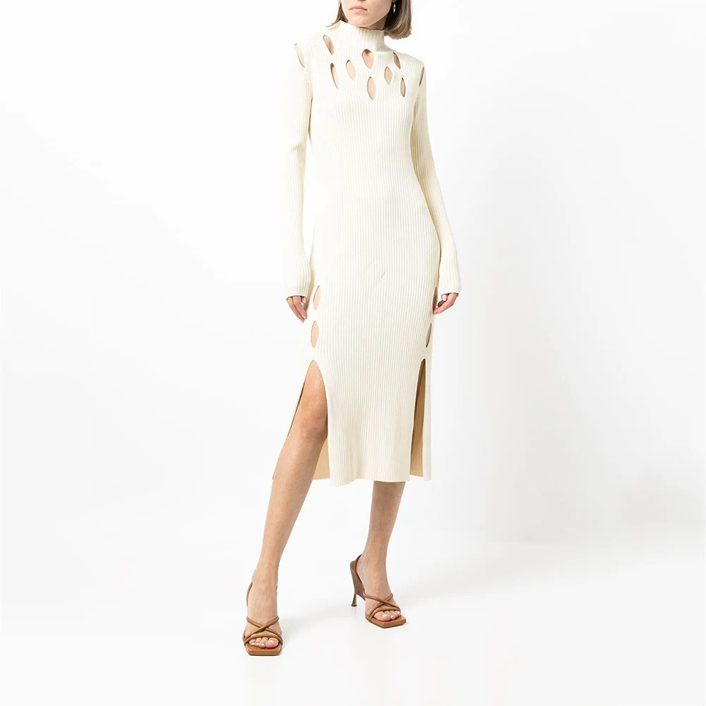 Custom Rib Knit Midi Dress Fashion Knitted Long Lady Elegant Winter Girls Casual Women Dresses Hollow Out Knitting Sweater Dress
