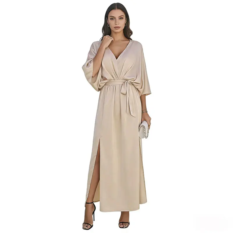 Customizable Women's Dresses Elegant Solid Color Satin Waistband Breathable Maxi Dress Vintage Summer Leisure OEM Service