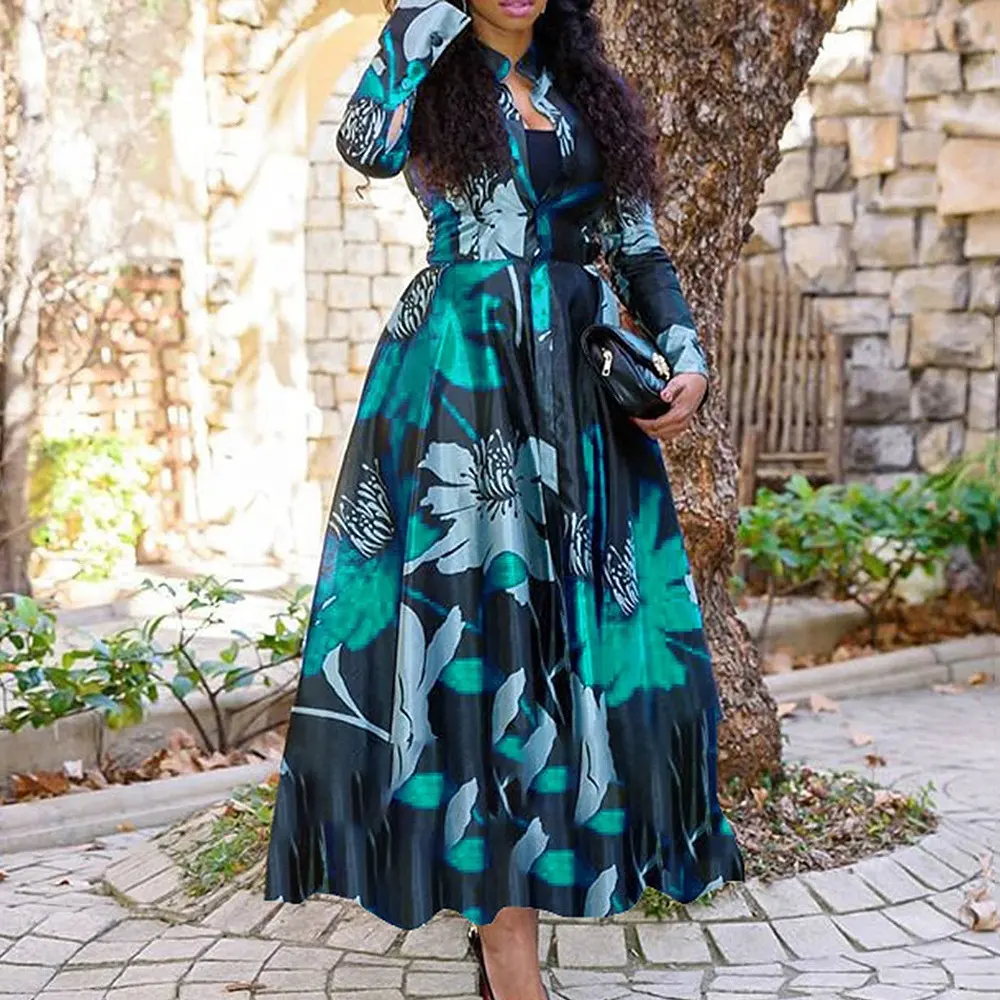 Summer Plus Size Dress Women Pleated Maxi Dresses Evening Party Skirt Sets Long Floral Printing Dresses