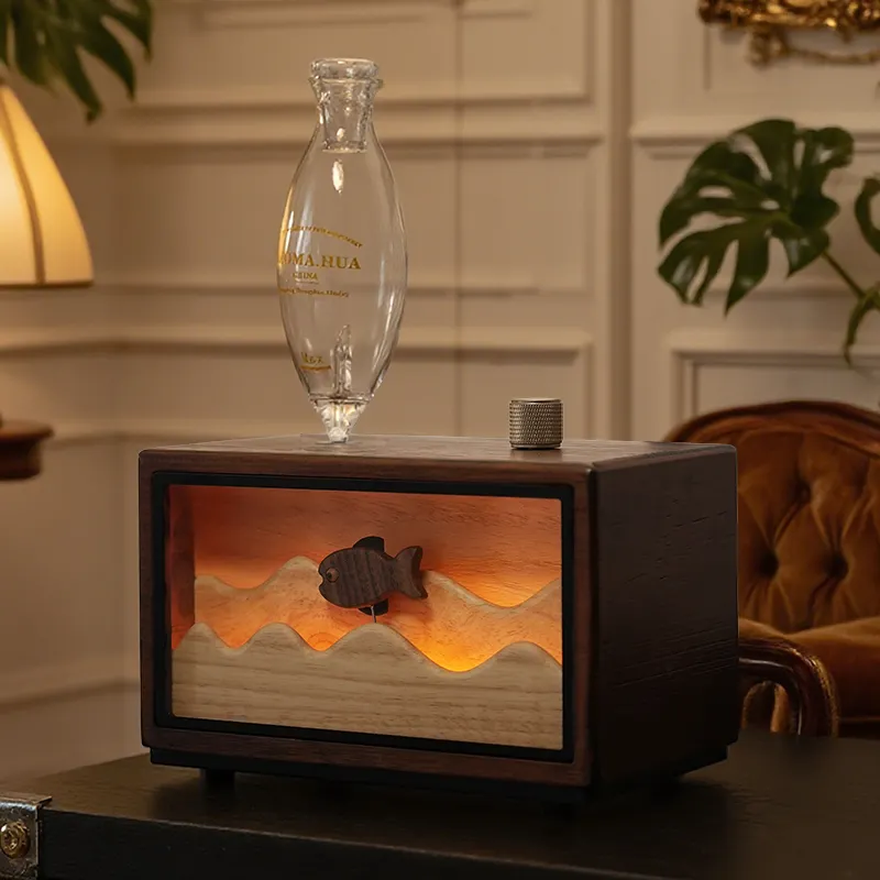 Luxury Retro Wooden Waterless Aromatherapy Diffuser with Artistic Fish Scene Light Premium for Home Decor