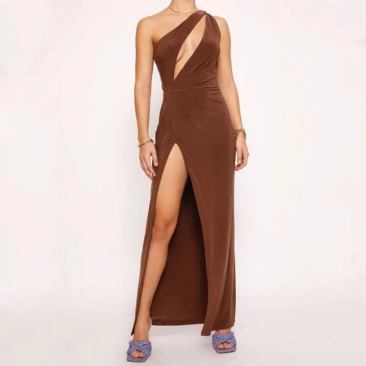 Female Casual Modest Vintage Slim Dress Solid Color Asymmetric Shoulder Backless Halter Evening Party Dresses Spring Plain Dyed