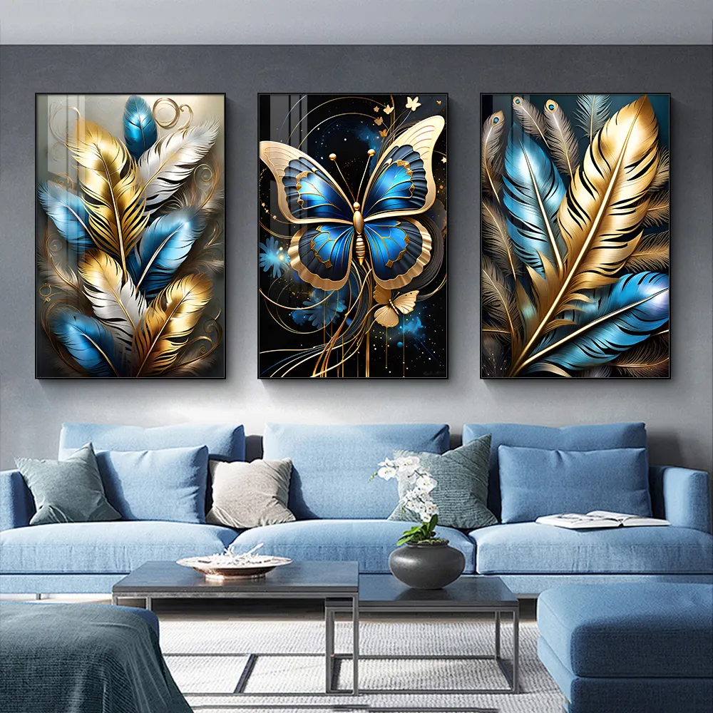 Luxury 3 PCS Set High Quality Golden Butterfly Animal Crystal Porcelain Prints Wall Art Painting for Living Room Home Decor