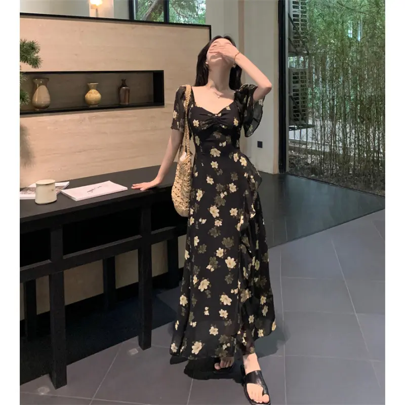 High Quality Women Floral dress Casual Oversize Cotton n Mid Length Long Dress for Women fashion hot selling elegant a line