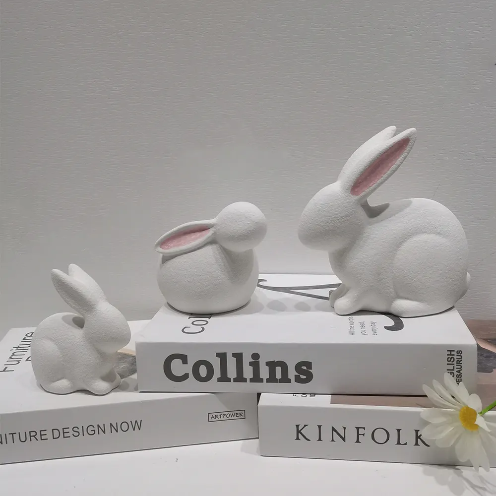 Modern Art Home Desktop Decoration Ceramic Bunny White Rabbits Figurine Statue Decor