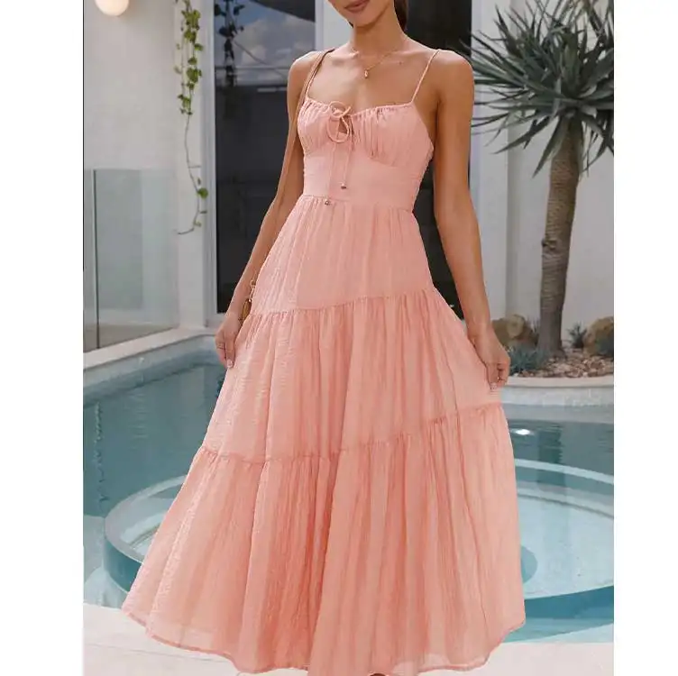 Women's High-End Exquisite Summer Dress Long Skirt Waist Sling New French Tempered Tea Break Style Sweet Plain Dyed Woven Design