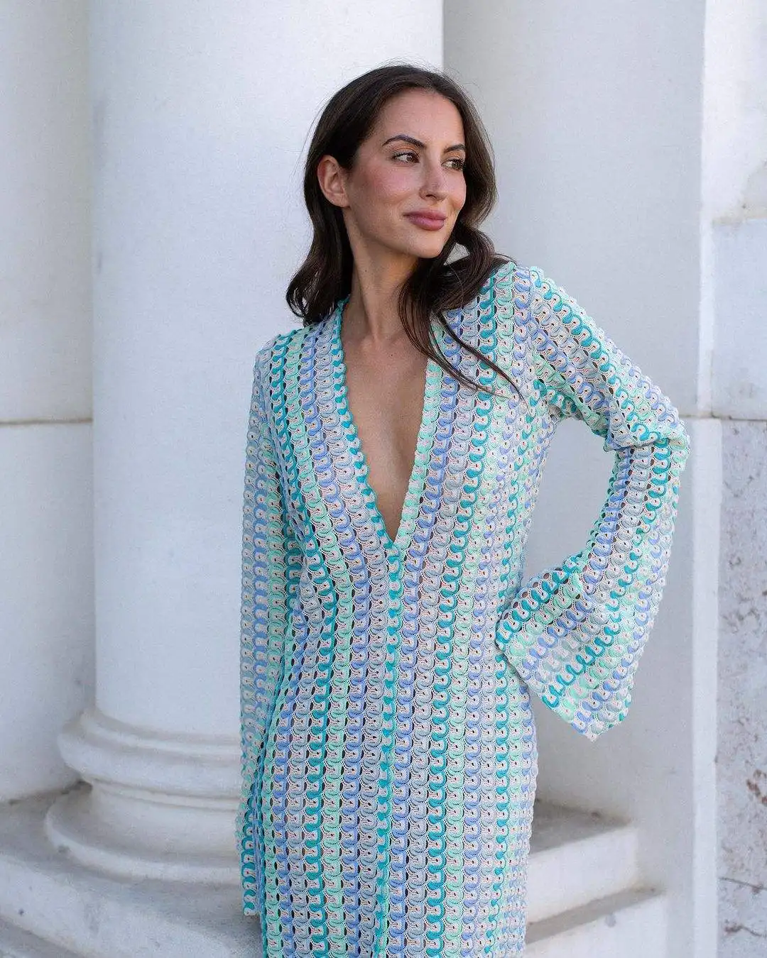 Women Knit Split Flare Sleeved Maxi Dress Elegant Fashion Sexy Deep-V Hooked Crochet Robes Female Club Party Vacation Vestidos