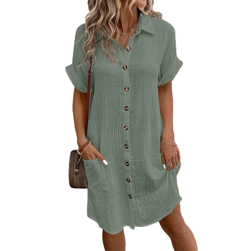 Woman Dresses New Arrivals New Ladies Dresses Women Lady Elegant Temperament Lapel Solid Simple Short Sleeves Shirt Dress