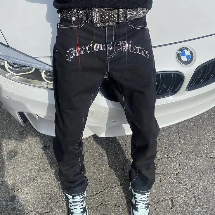 Men's Custom Embroidered Stretch Straight Oversized Streetwear Wide Leg Pants Rhinestone Vintage Salvage Raw Denim Jeans