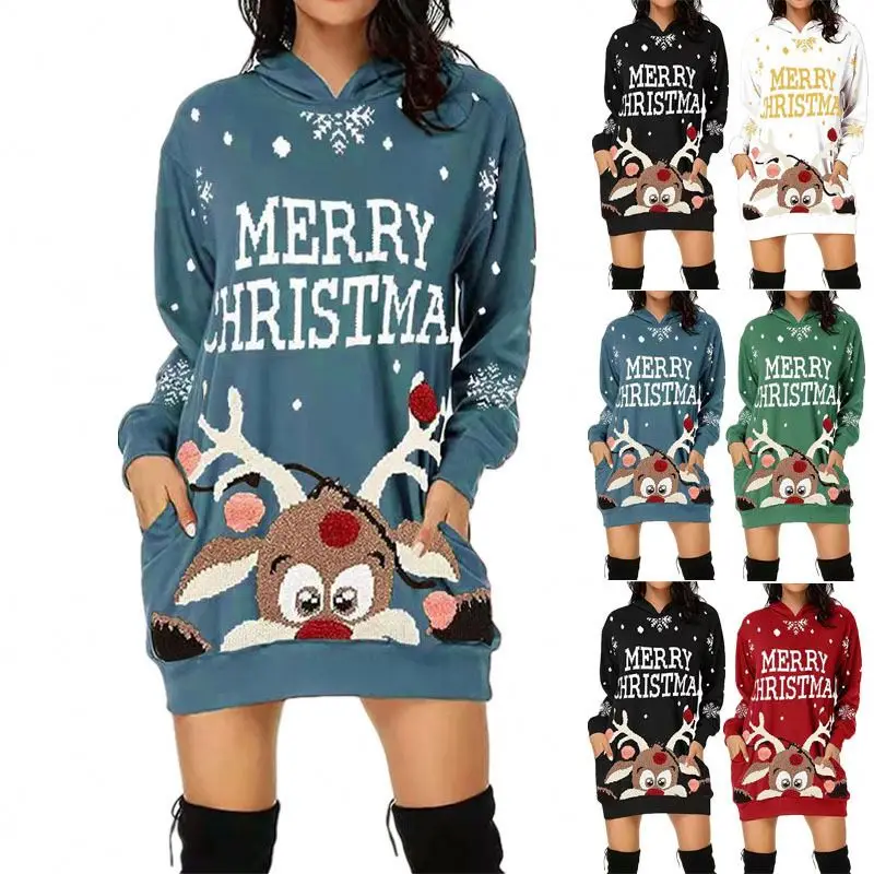 Christmas Printed Long Sleeve Pocket Hooded Sweater Loose Dress Women's Stretch 2021 Dress Christmas Atmosphere Dress Wholesale