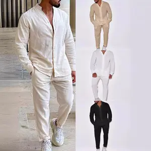 Mens Sets Linen Spring Autumn Leisure Suit Long Sleeve Shirts and Trousers Two Piece Sets Fashion Men Clothing