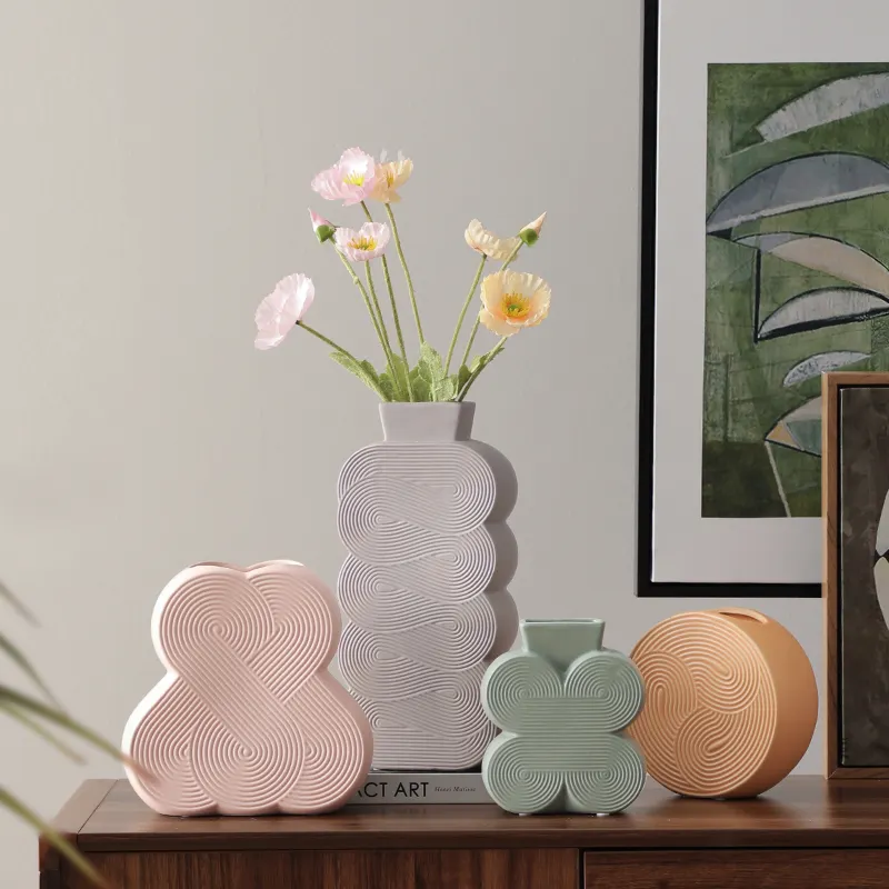 Nordic Art Deco Ceramic Vase Pink Green Irregular Textured Stripe Home Decor Pottery Flower Vase