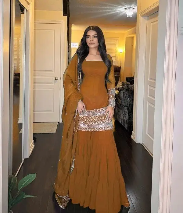 Women Faux Georgette Sharara Salwar Kameez Fashionable Party Wear Ethnic Suit with Embroidered Kurta Sharara Bottom