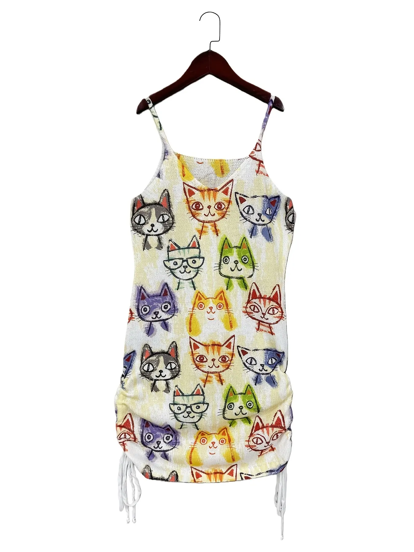 Women's V-neck Cartoon Print Cami Dress Drawstring Hem Casual Straight Knee-Length Summer Cute ODM