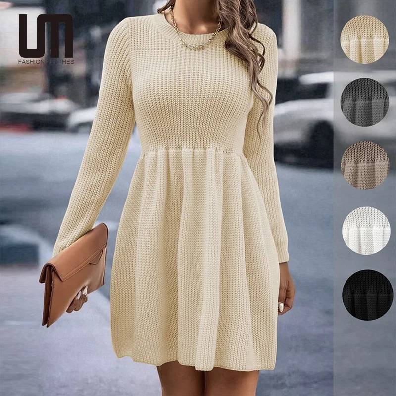 Liu Ming Autumn Winter New Product Women Elegant Knitted O Neck Long Sleeve Casual Sweater Dress