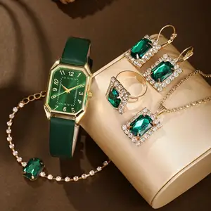 2024 New Leisure Fashion Leather Women's Business square Quartz Watch Korean Rhinestone Jewelry Set