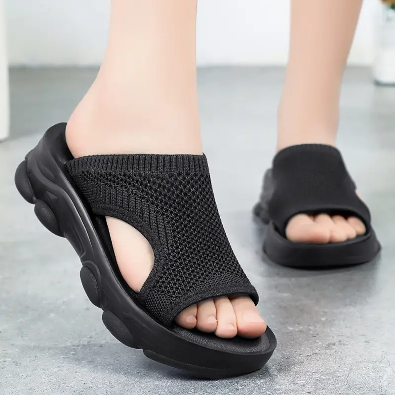 Shoes Women's Summer New Wedge Sandals Women's Thick-Sole Women's Sandals Mesh Hollow Breathable Outerwear Half-P