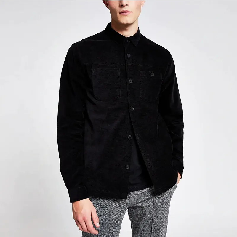 100% Cotton Shirt OEM Wholesale High Quality Men Black Long Sleeve Corduroy Shirt