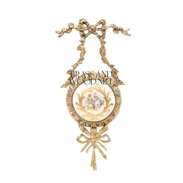 antique brass decorative ornate frame with porcelain floral bouquet painting ribbon top design vintage artwork home decor