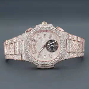 Rose Gold Tone Stainless Steel Fashion Luxurious Antique Business Style Moissanite Diamond Studded Watch Quartz Movement Date