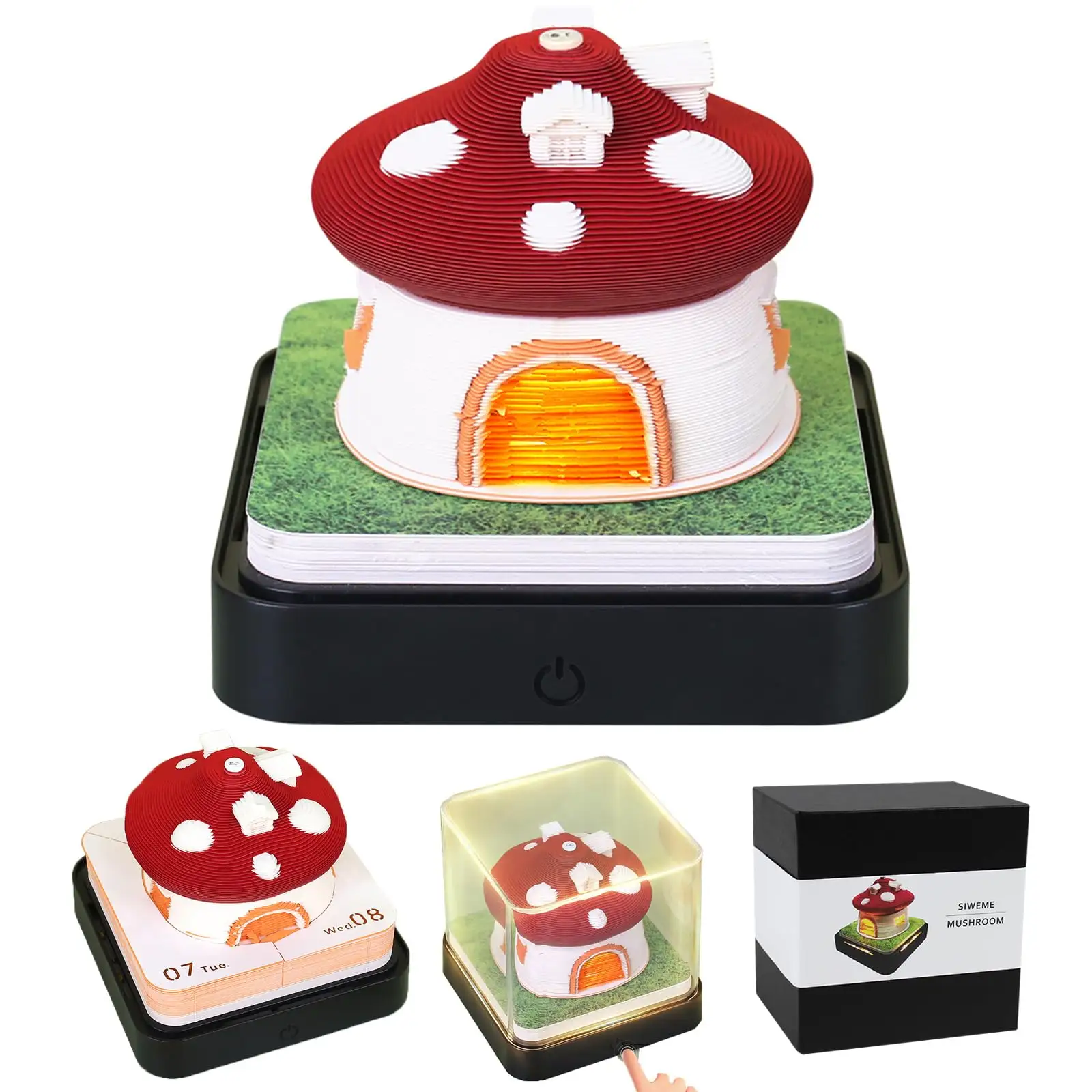 2025 3D Paper Art Mushroom Decoration Creative Time Piece Desk Calendar DIY Notes Notepad Mushroom House Sculpture Gift