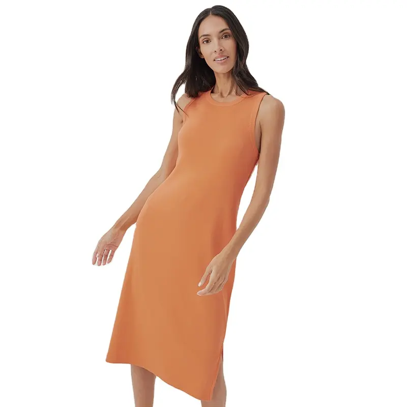 Custom Made Women's Crewneck Sleeveless Bamboo Tank Bodycon Ribbed Knit Side Sit Knee Length Pencil Bamboo Viscose Midi Dresses