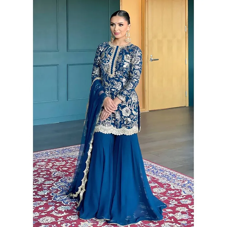 Premium Quality Women's Wedding Wear Slim Fit Golden Thread Embroidered Shirt With Plain Floor Length Trousers & Dupatta Ladies