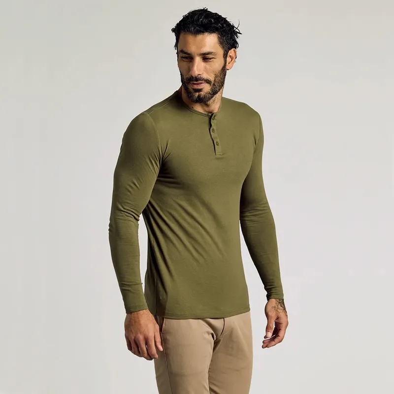 Custom Slim Fit Men's Long Sleeve Henley Shirts Sustainable Soft Bamboo Viscose Jersey Custom Manufacturer
