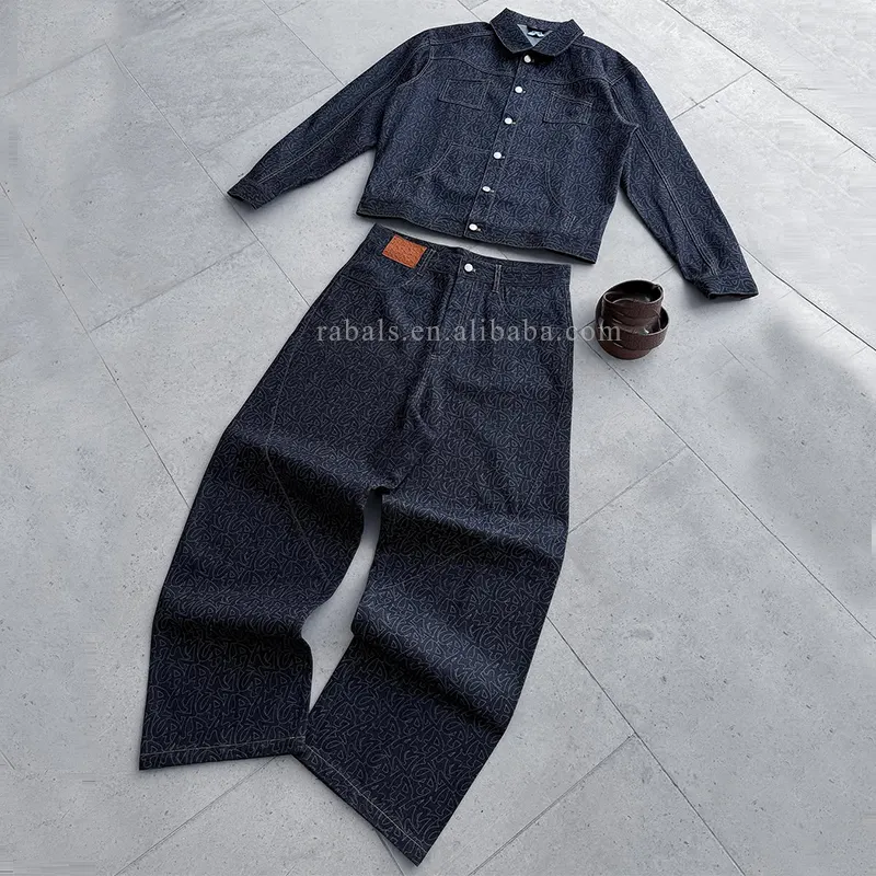 Denim Manufacturer Custom Embroidery Denim Jeans Jacket Two Piece Set Streetwear Oversized Heavyweight Denim Pants Sets for Men