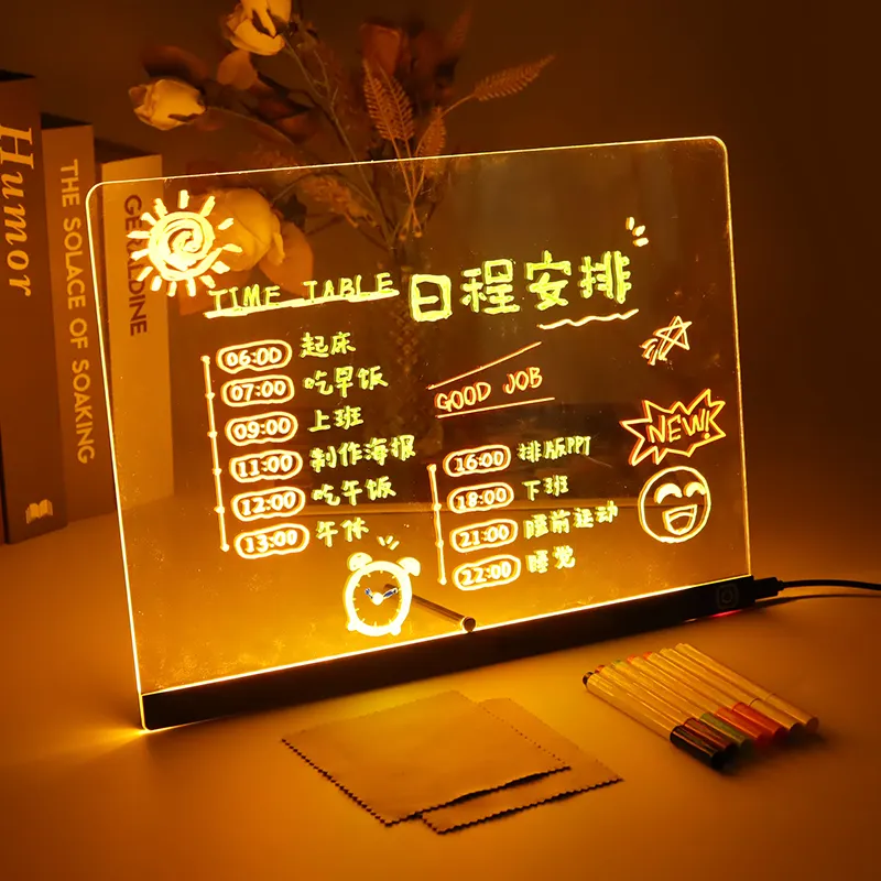 Hot Sales LED Luminous 3D Acrylic 7 Color Message Board With Dry Erase Board for Led Night Light Room Decor