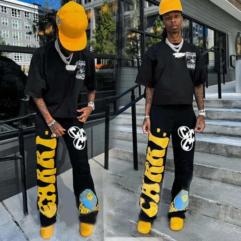 Streetwear Jean Pant Heavyweight Cotton Embroidery Applique Patches Baggy Stacked Sweatpants Vintage Custom Denim Pants for Men