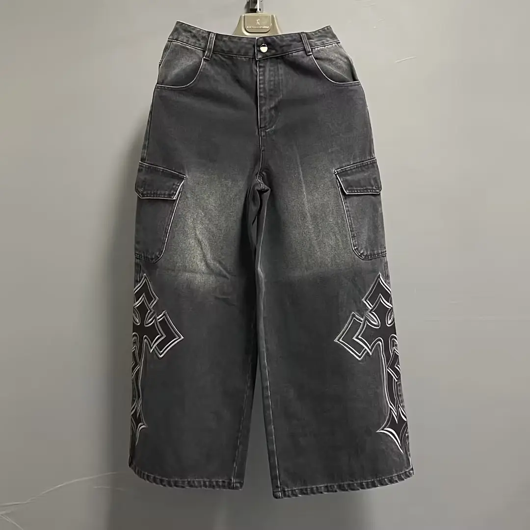 Black Wide Leg Denim Jeans Cotton Knitted Fabric Mid Waist Stonewashed Embroidered Hip Hop Streetwear Style 3D Design